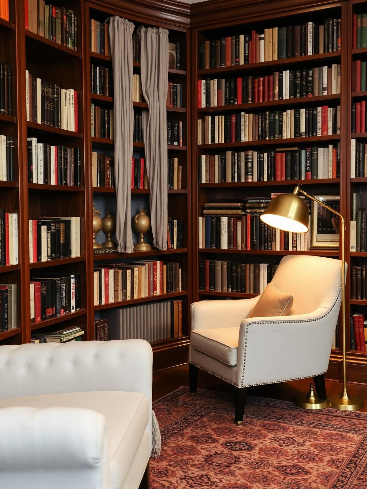 A cozy reading library corner with floor-to-ceiling walnut bookshelves, a deep alabaster linen armchair, a lit brass floor lamp and an antique persian rug.