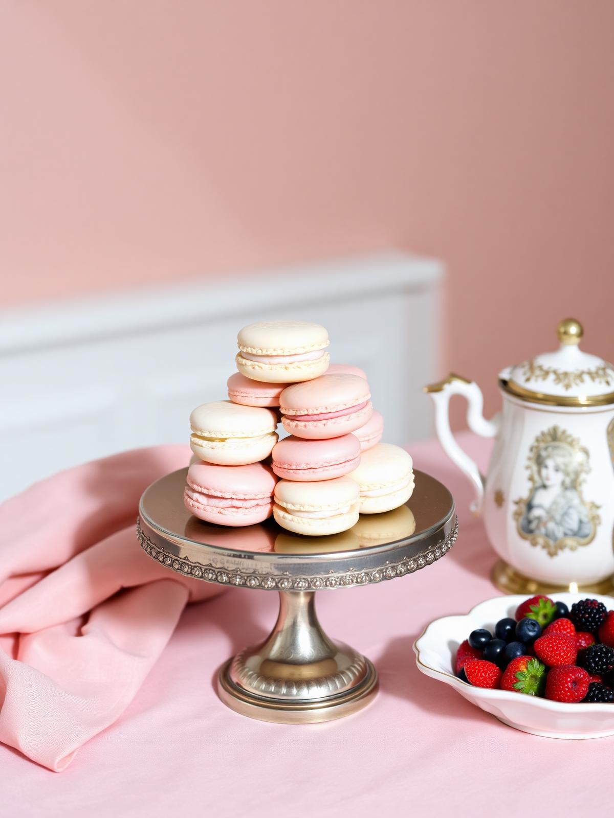 A pyramid of macarons in blush and ivory on a vintage silver cake stand beside a porcelain teapot and a small dish of fresh berries in north window light.
