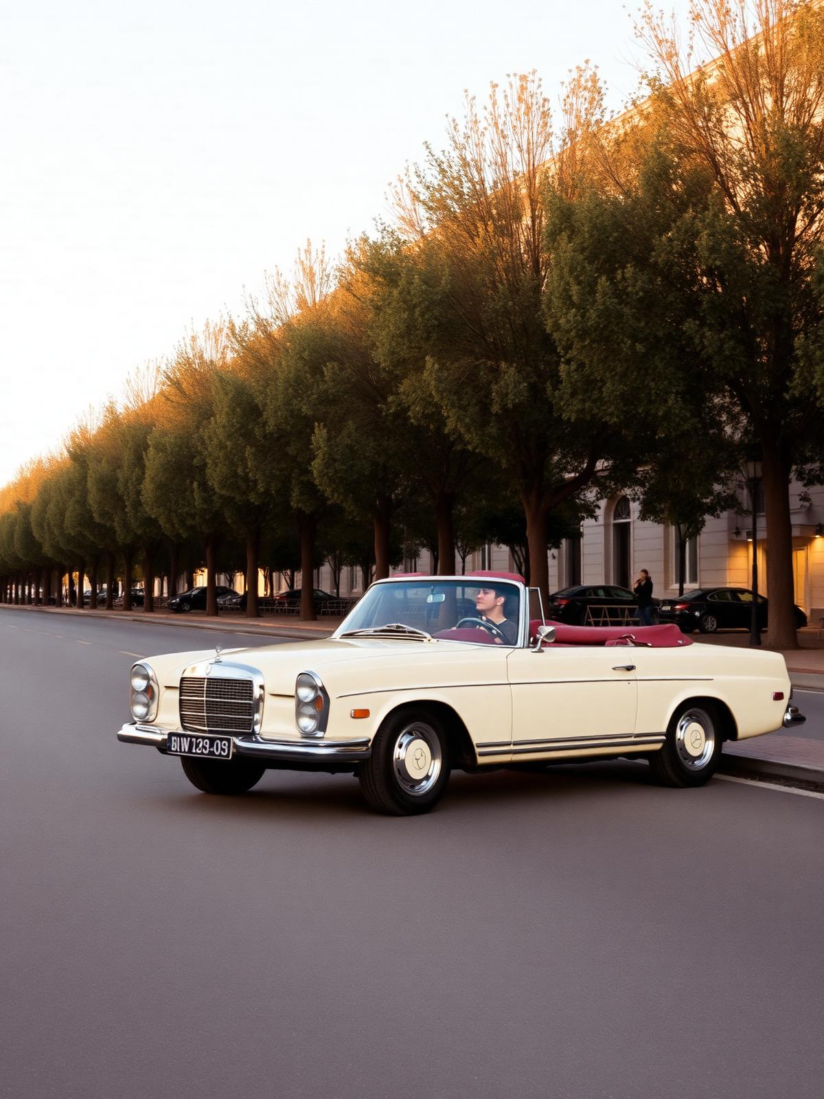 A vintage cream Mercedes convertible parked beside a row of plane trees on a quiet European boulevard at golden hour.