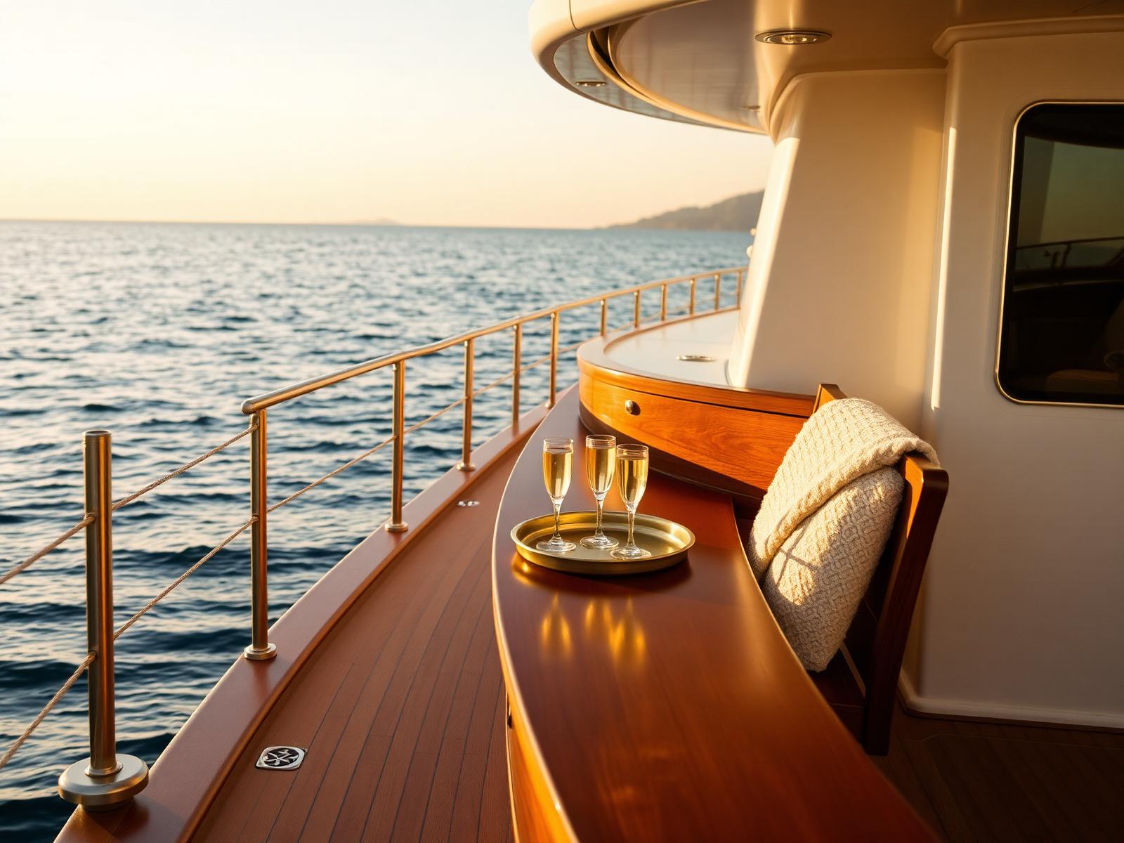A polished mahogany private yacht deck at golden hour with brass fittings, a teak bench with cream cashmere throw and a brass tray of champagne coupes overlooking the Mediterranean.