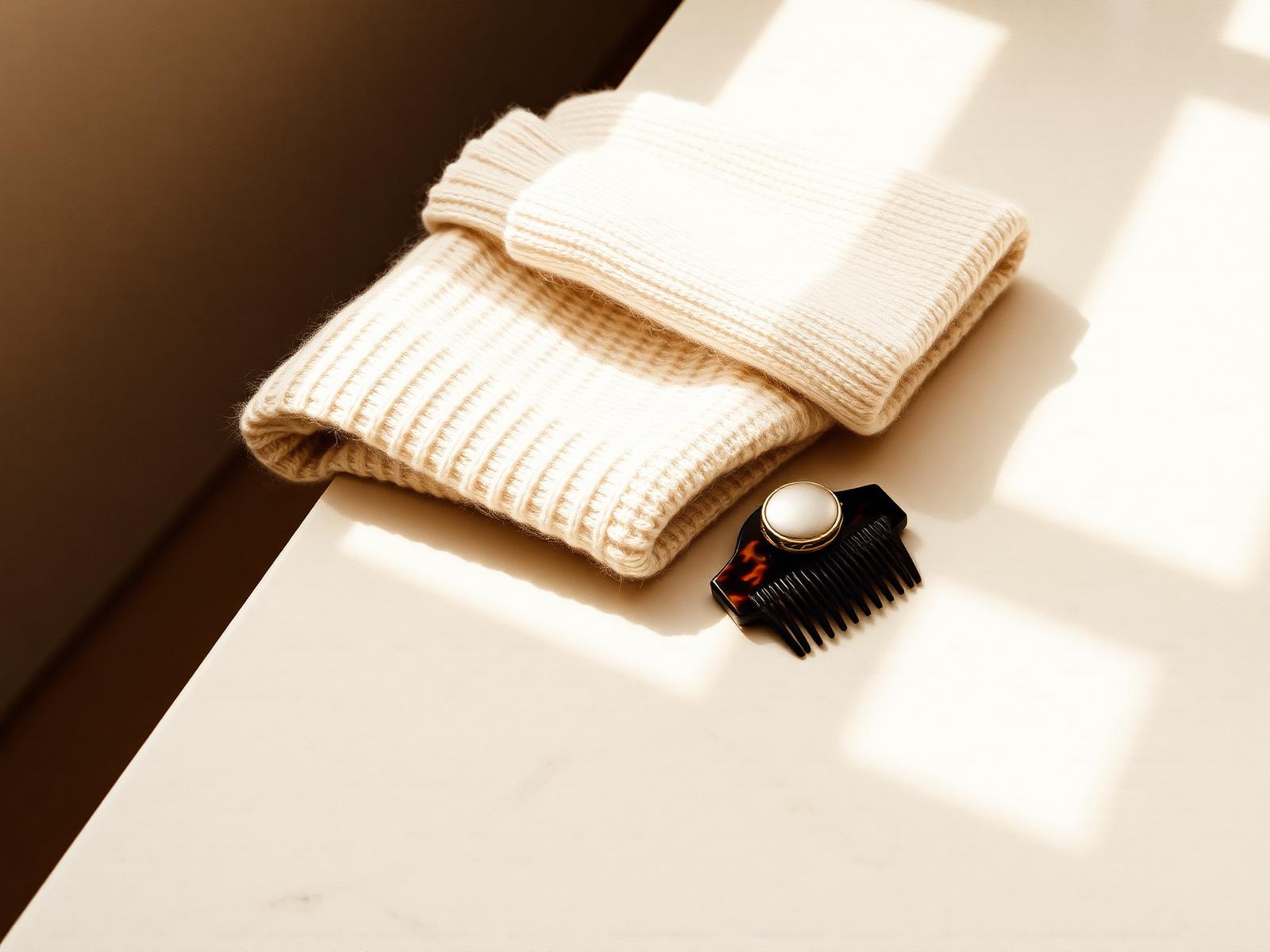 A folded cream cashmere knit on a pale marble bench in a shaft of north-window light with a heavy gold signet ring and a vintage tortoiseshell hair comb beside it.