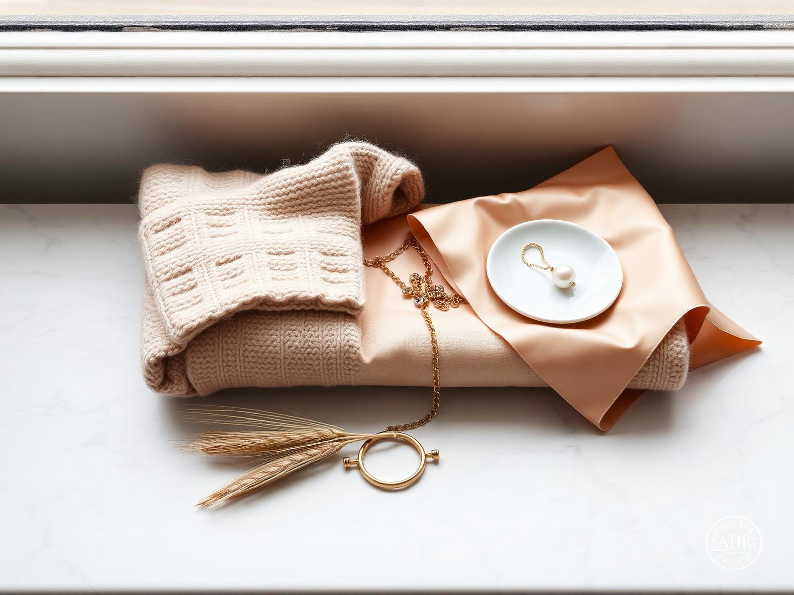A painterly still-life on pale marble with an oatmeal cashmere knit, a champagne silk square, an antique gold chain coiled in a porcelain dish and a dried wheat sprig.