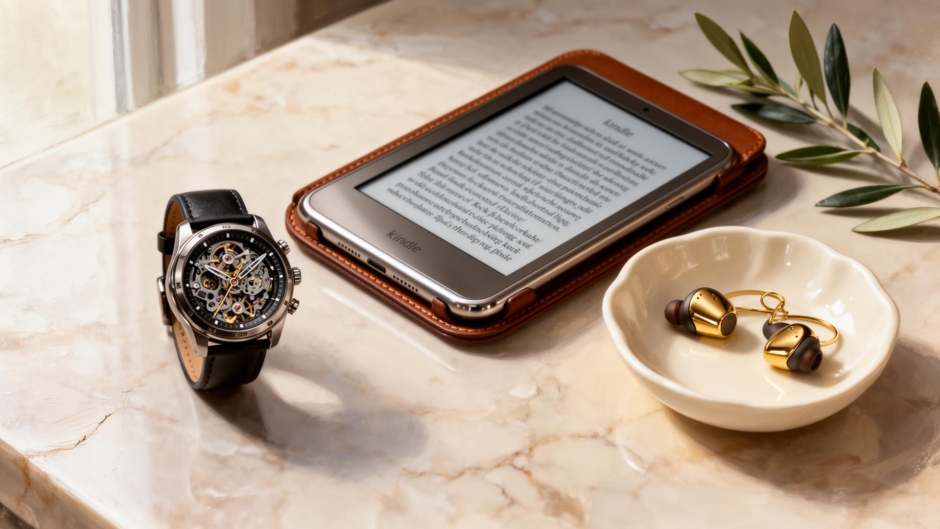 A painterly still-life on pale marble of a skeleton-dial mechanical watch on black leather, a titanium e-reader in a cognac saddle-leather case, gold-tipped earbuds in an ivory porcelain dish and a sprig of olive.
