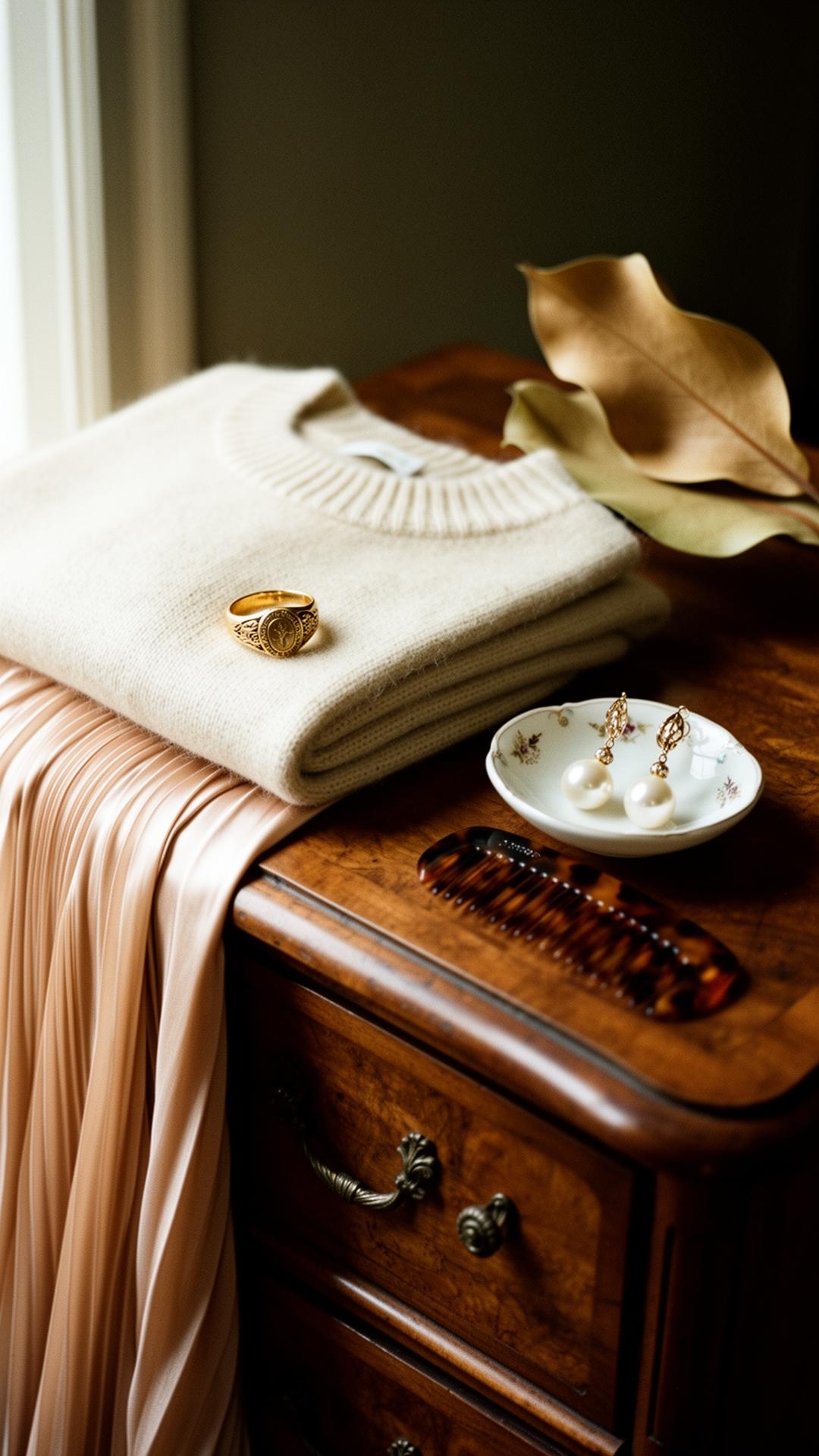 A painterly still-life of folded cashmere on an antique walnut dresser with a gold signet ring, pearl drop earrings on a porcelain dish, a tortoiseshell comb and pleated silk in champagne.