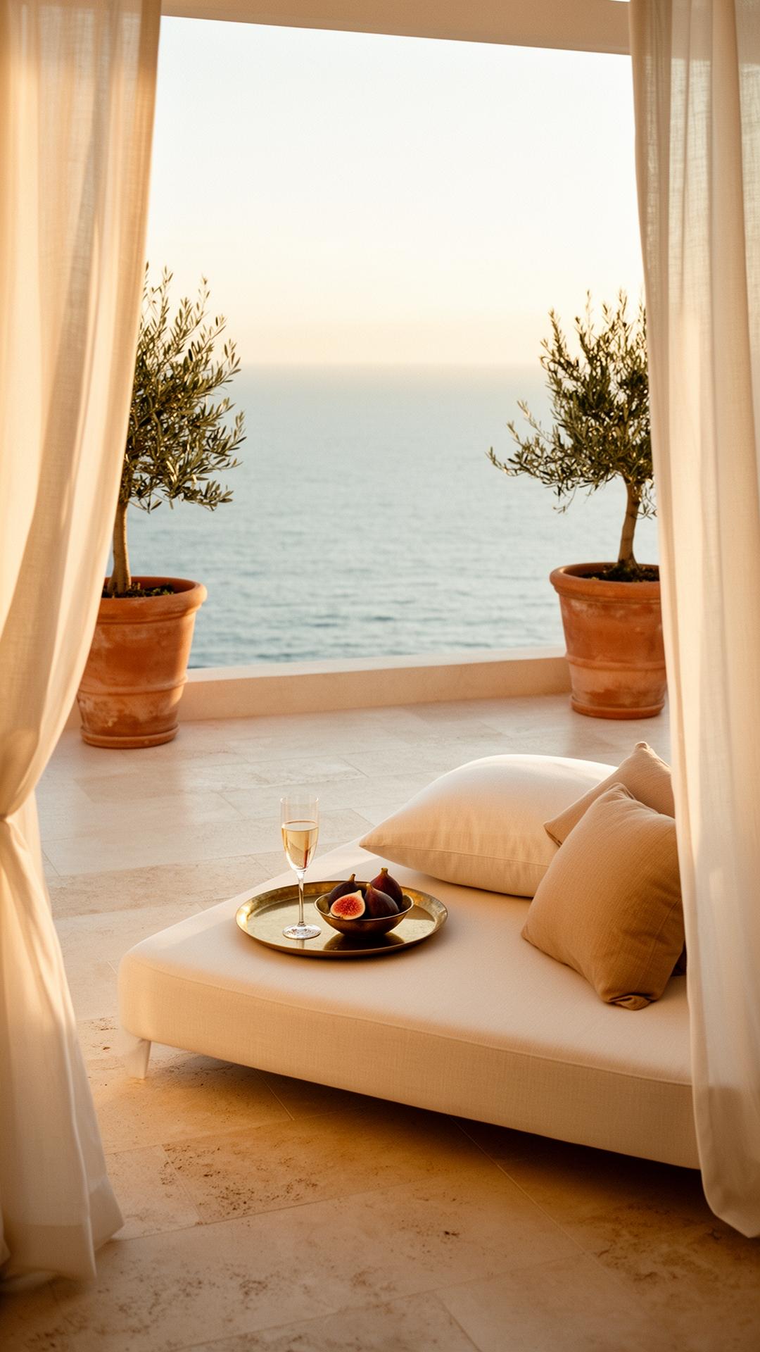 A private cliffside hotel terrace at golden hour — cream linen daybed, brass tray with champagne and figs, billowing white curtains, terracotta planters of olive trees, calm Mediterranean sea beyond.