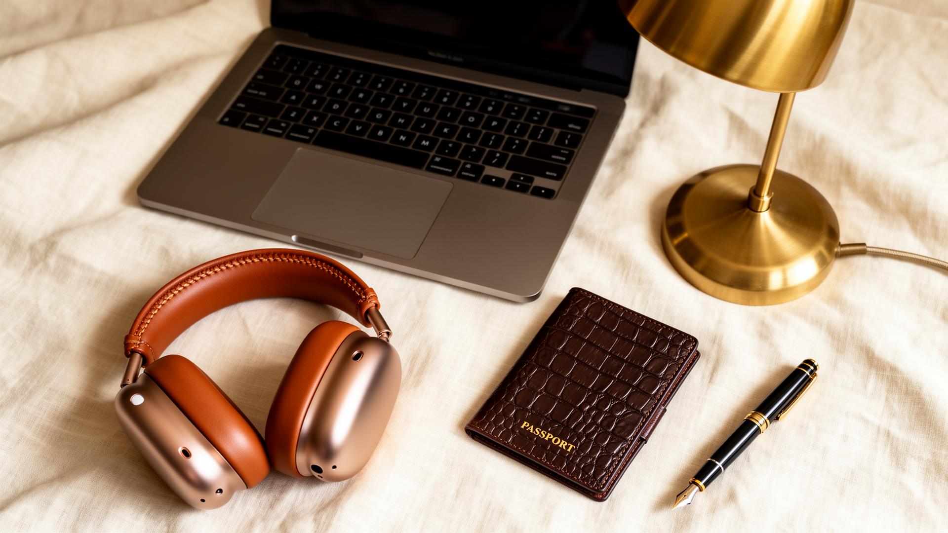 An editorial flat-lay on heavy cream linen of a brushed titanium laptop, hand-stitched cognac leather over-ear headphones, a brass desk lamp, an alligator passport folio and a black-and-gold fountain pen.