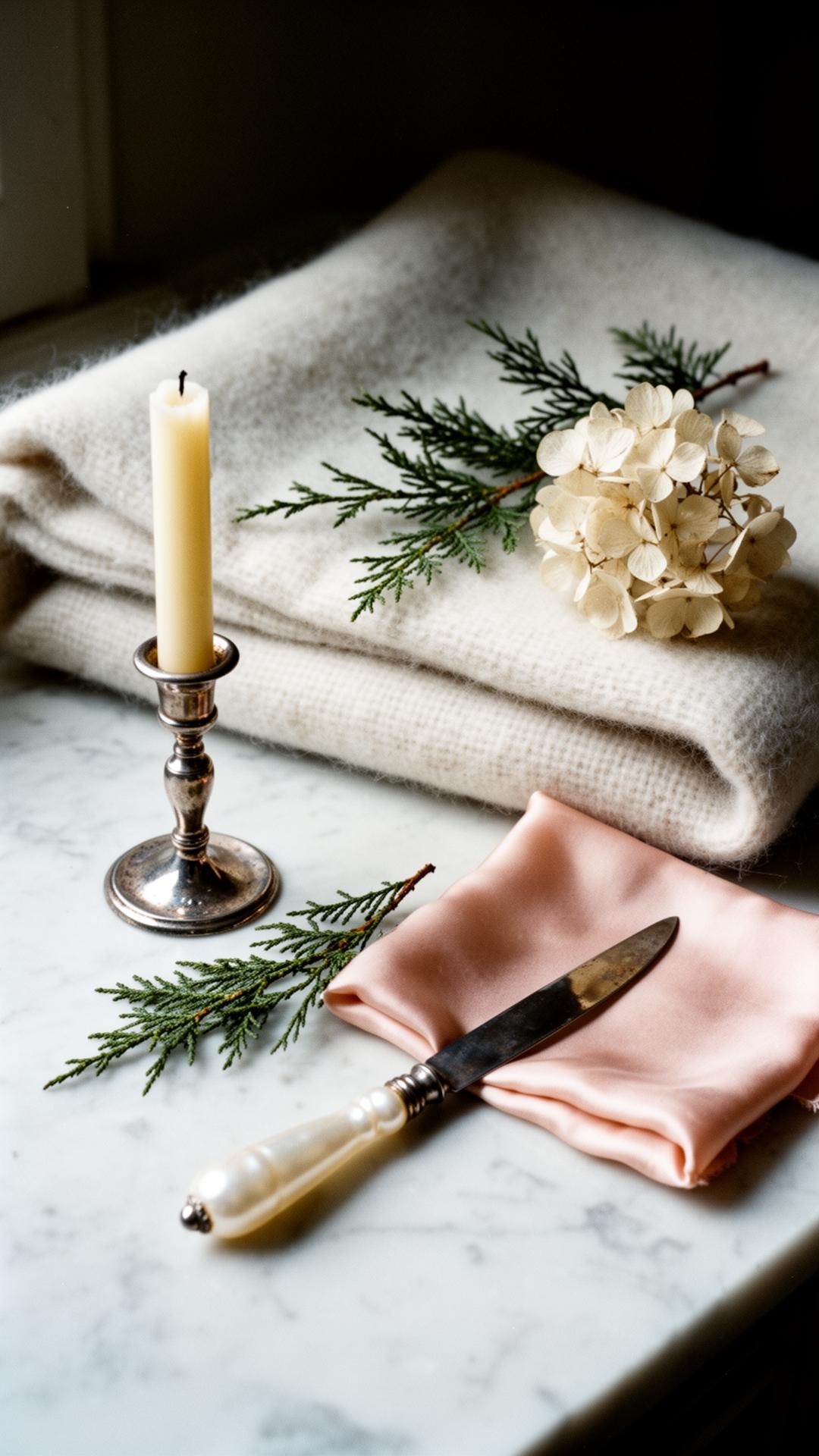 A winter palette still-life on pale marble: alabaster cashmere throw, antique silver candlestick, dried hydrangea, cedar sprig, blush silk square and a pearl-handled letter opener.